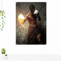 shirtless male fire punch exercise inspirational poster vintage fitness workout artwork tapestry decorative banner flag mural