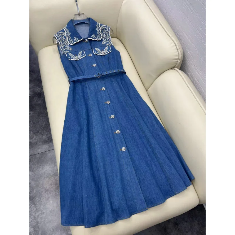 2023 Summer High-definition Denim Special Washed Craft Heavy Hollow Embroidery Sleeveless Large Hem Women's Dress Women Clothing