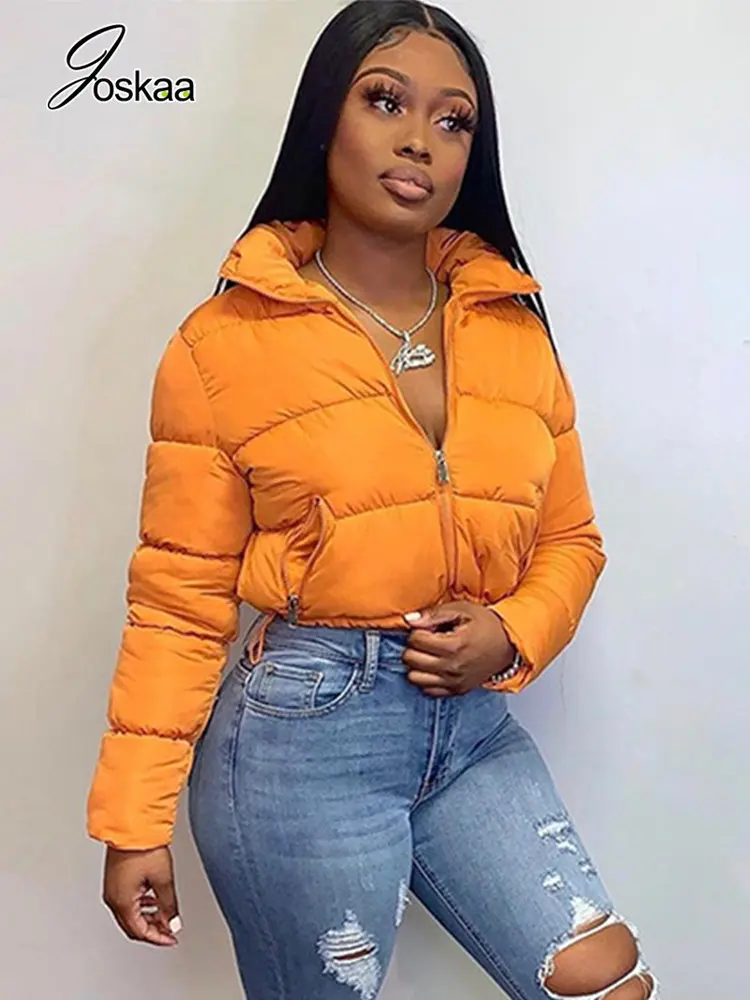 Joskaa Solid Color Stand Collar Long Sleeve Winter Jacket Women Casual Zip Up Drawstring Parkas 2022 Female Slim Coat Streetwear