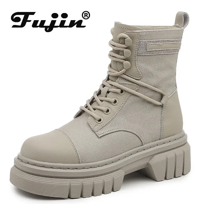 

Fujin/6 см; Парусиновые ботинки до середины икры из натуральной кожи; Осенние женские нескользящие ботинки до середины голени на толстой подошве; Женская обувь с высоким берцем
