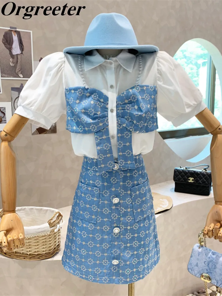 

Summer New Vintage Women Sets Beaded Short-sleeved Shirt Blouse + High Waist Single-breasted A-line Skirt 2 Piece Set Outfits