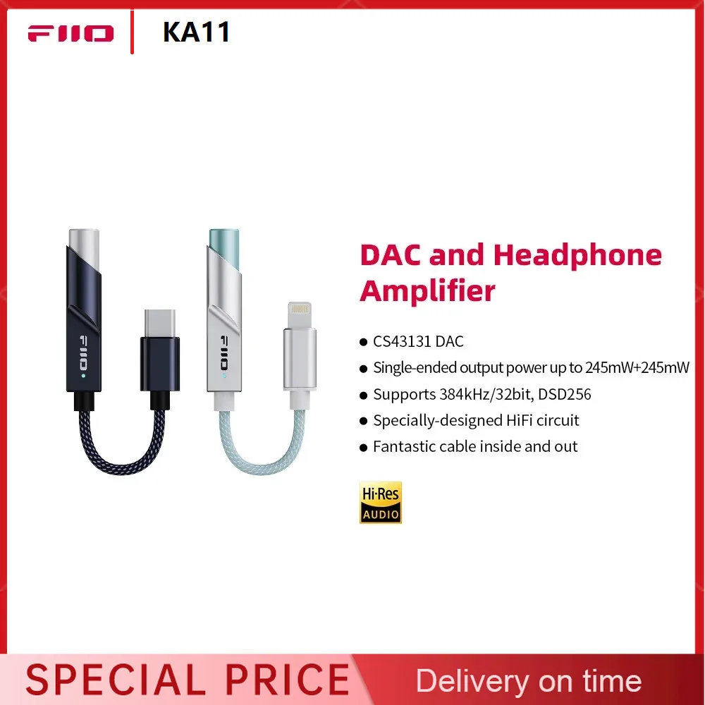Фото FiiO KA11 Аудиоадаптер USB C на 3,5 мм, 32 бит/384 кГц, тип C на 3,5 мм USB-ключ Hi-Fi ЦАП, усилитель для наушников для Android/Win №1