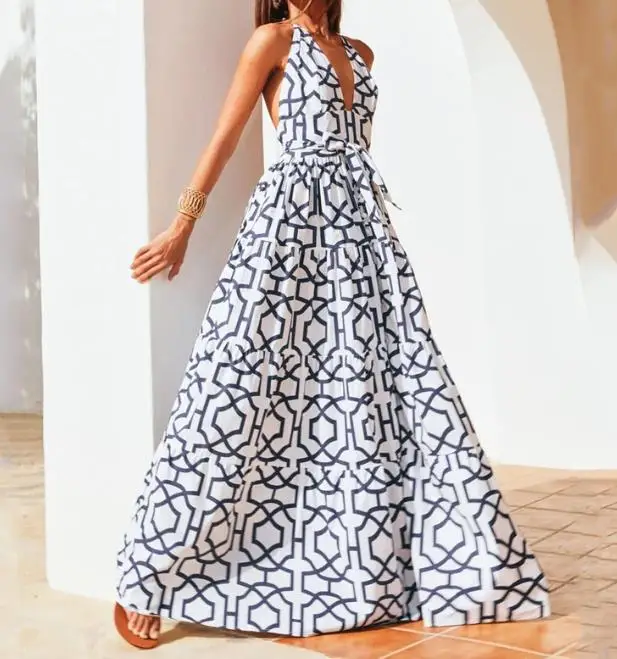 

Summer New Sexy Halter Lace Up Loose Dress for Women European & American Women's Fashion Casual A-Line High Waist Dresses