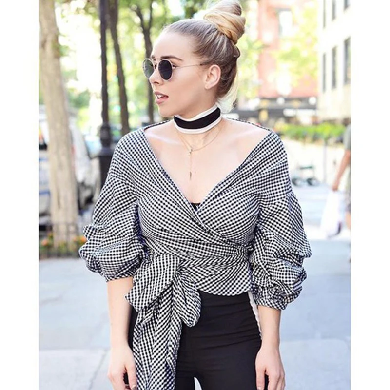 

Sexy Off Shoulder Women Blouses Shirt Puff Sleeve New Deep V-Neck With Sash Female Plaid Shirt Summer Strappy Sashes Short Top