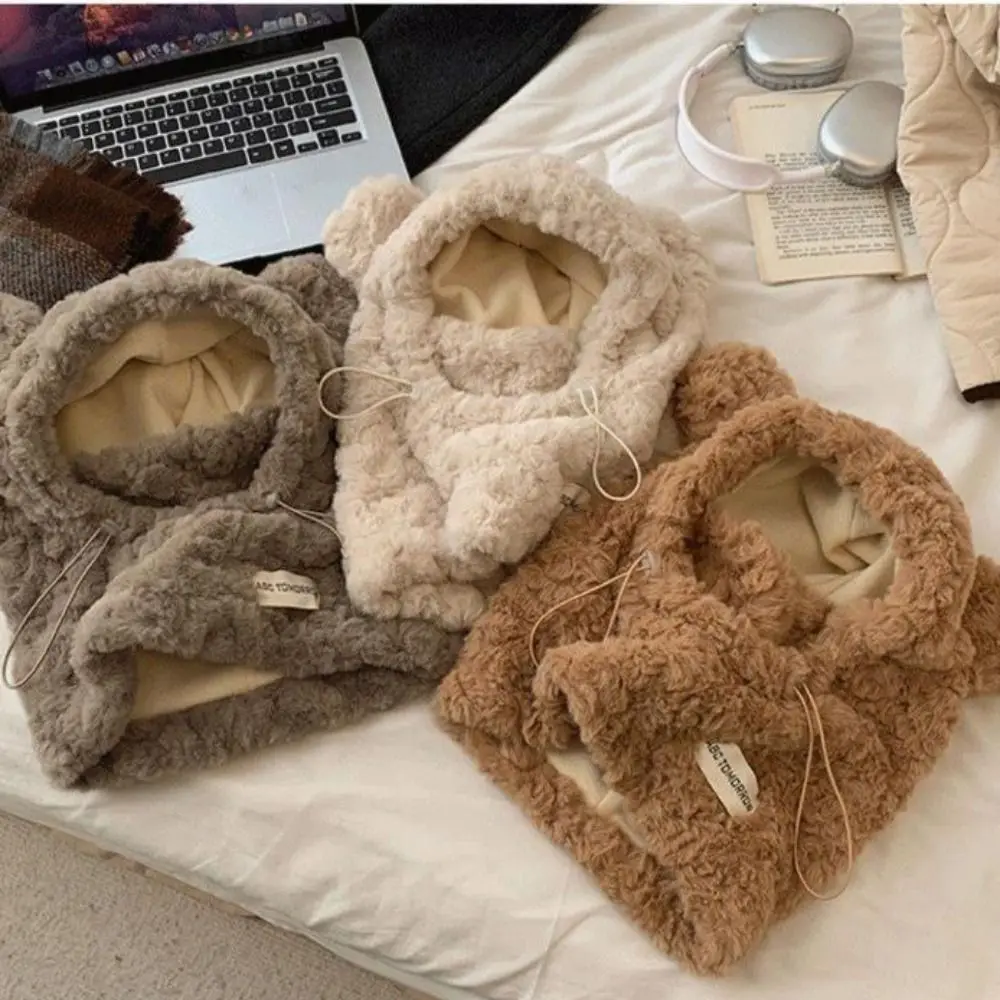 Элегантная плюшевая шапка с медвежьими ушками утолщенная на шею шарф капюшоном