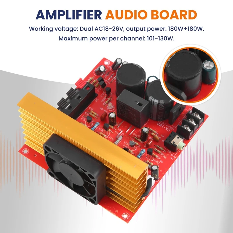 Power Amplifier Audio Board 180W+180W 2.0 Channel FET Speaker Sound Preamplifier Dual AC18V-26V With Fan