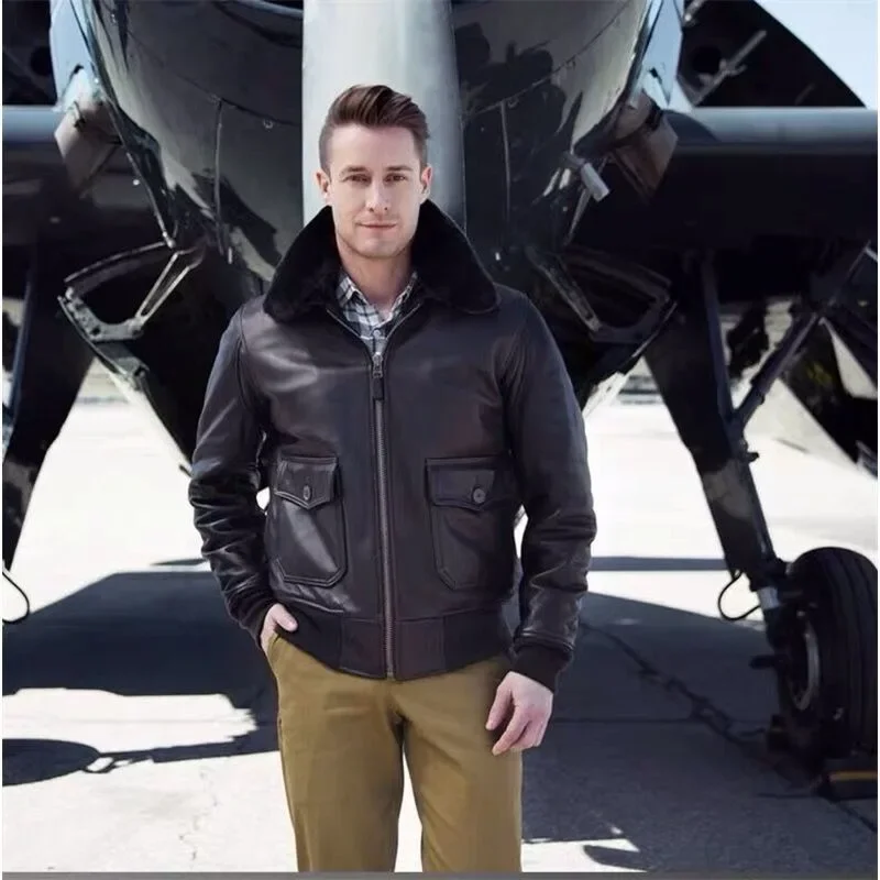Фото Зимняя куртка G1 Bomber с отстегивающимся меховым воротником, унисекс, из натуральной импортной козьей кожи высшего качества, с подкладкой в виде карты авиалиний №3