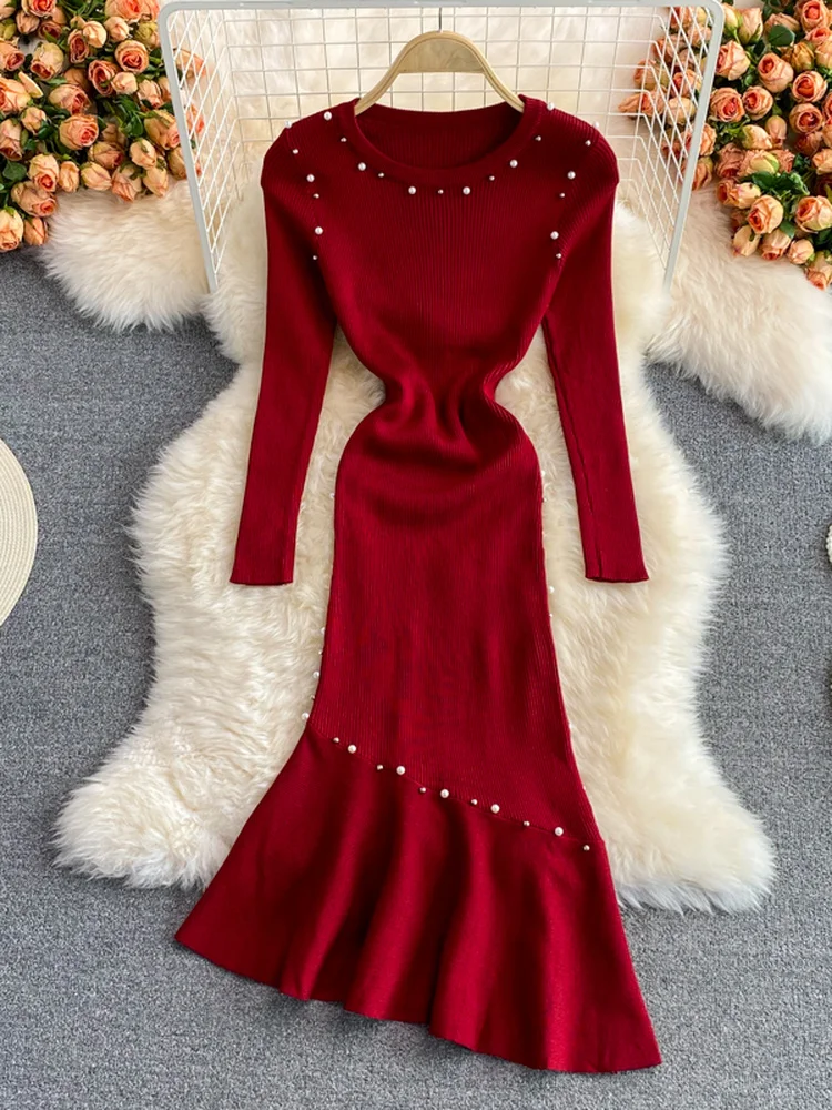 

Шикарные Модные осенние элегантные облегающие вязаные платья-миди Hikigawa с бисером для женщин, однотонные женские платья