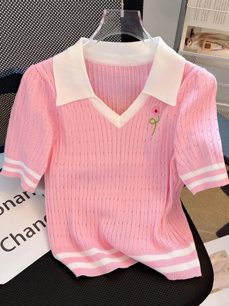 Летняя цветная Вязаная футболка с коротким рукавом и воротником-поло модный