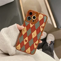 retro kawaii chocolate bear plaid geometry art leather phone case for iphone 13 12 11 pro max xs max xr 7 8 plus case cute cover