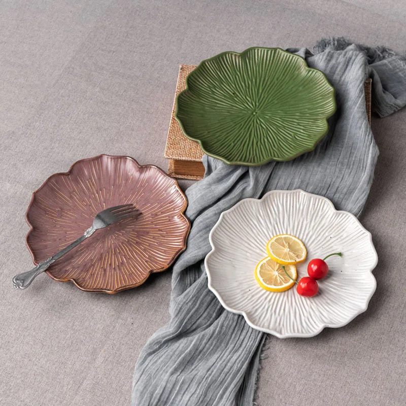 

Ceramic Tableware Dishes Plates Set Special Shaped Petal Shaped Western Steak Dinner Food Hand Carved Creative Refreshment Plate