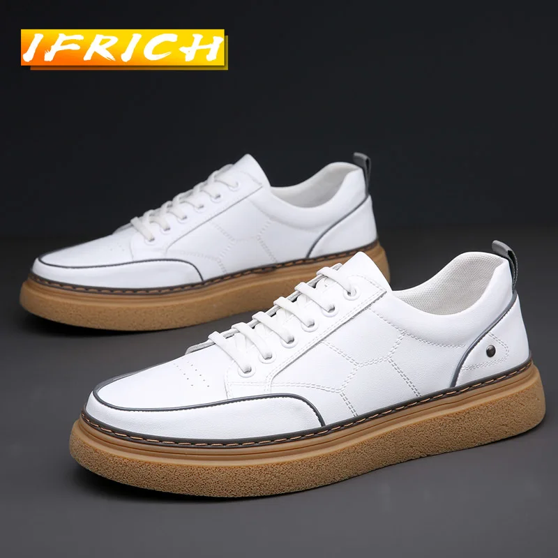 

High Quality Casual Footwear Men Youth Spring Split Leather Walking Leisure Sport Shoes Men Thick Soled White Men Flats Sneakers