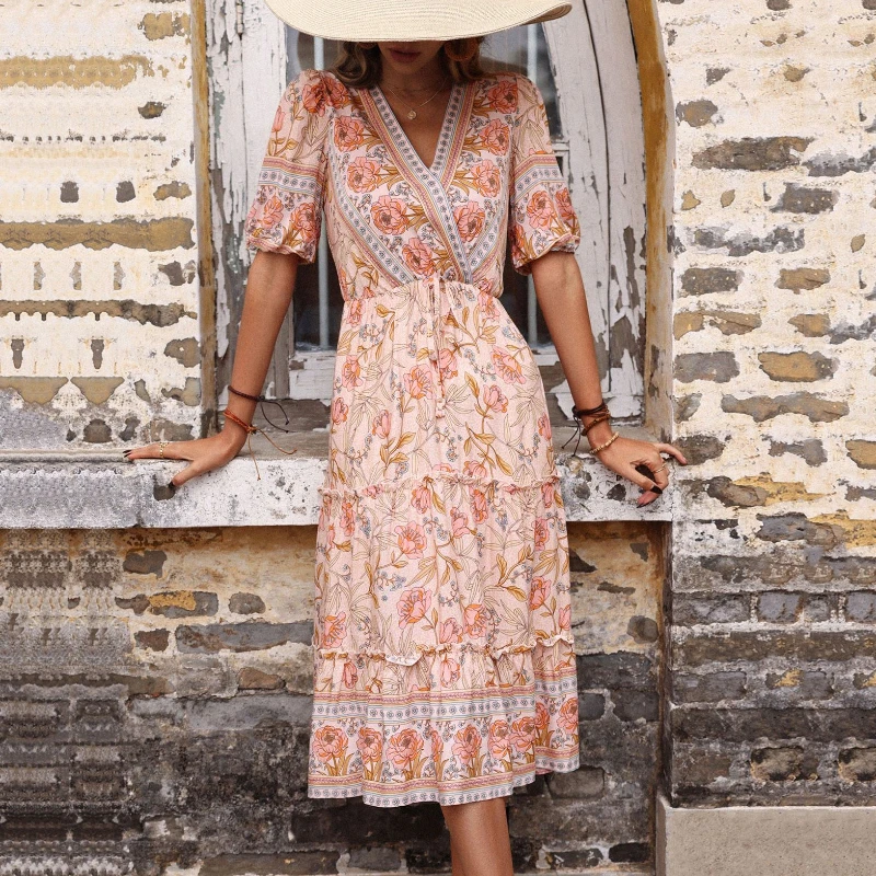 

2022 New Fashion Floral Summer Short Sleeve Ruffles A-line Pleated Dress For Women Bohemian Casual V-Neck Big Swing Dresses