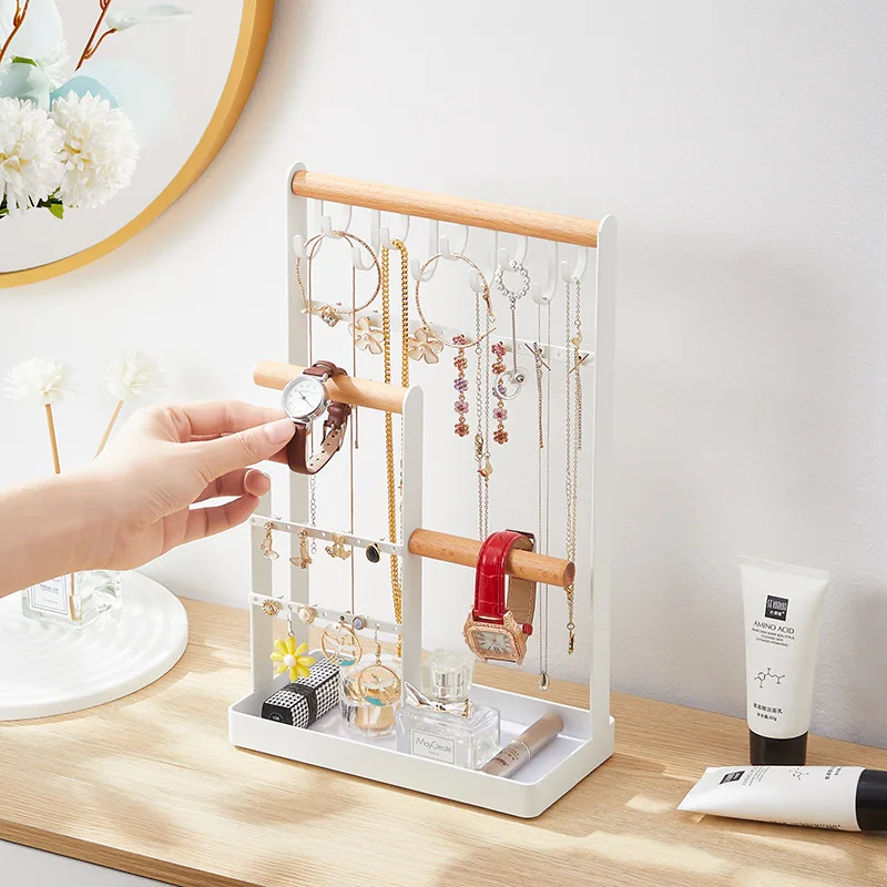 

Jewelry Stand Earring Organizer Necklace Holder with Ear Stud Holes Wooden Ring Tray Bracelet Hanging Storage Rack on Dresser