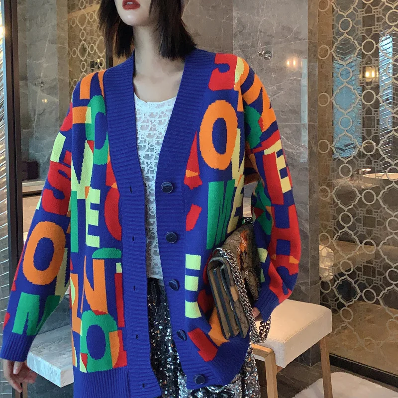 

Autumn Winter Cardigan Women's Sweater Jacket Letter Print Loose V Neck Knitwear Pull Femme 2022 Clothing Temperament Ladies