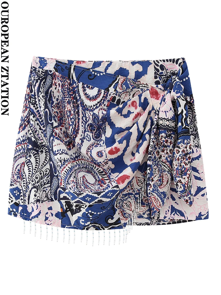 

Женская мини-юбка с бахромой и бантом спереди, с высокой талией