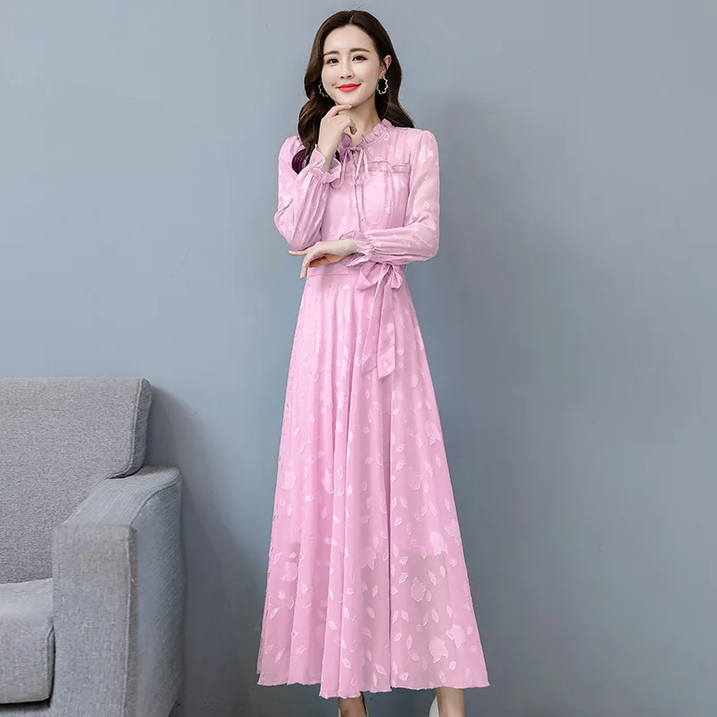 

Korean version of large-size lotus leaf collar long-sleeved jacquifier chiffon dress temperament big swing long dress girl