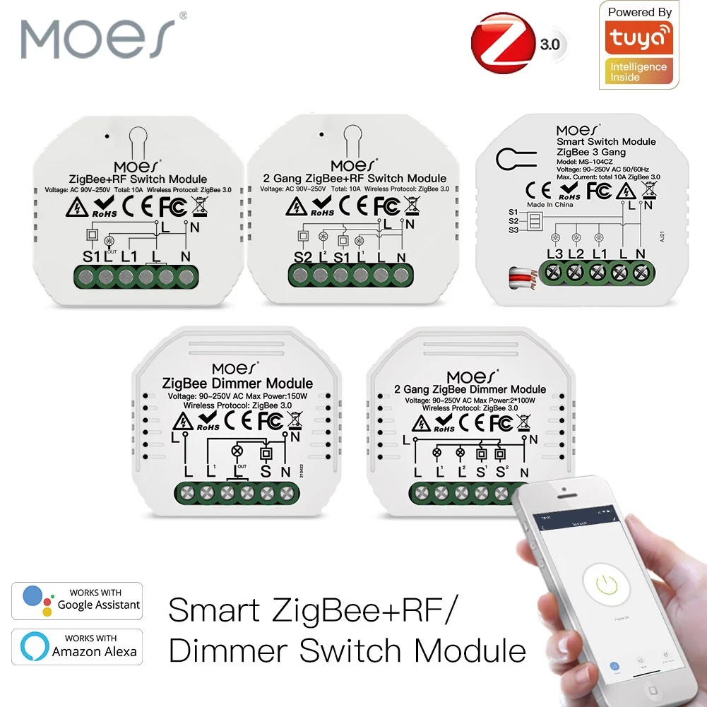 MOES Tuya ZigBee 3.0 Smart Light Switch Relay Module 1/2/3 Gang Smart Life/Tuya App Control, Works with Alexa Google Home Yandex