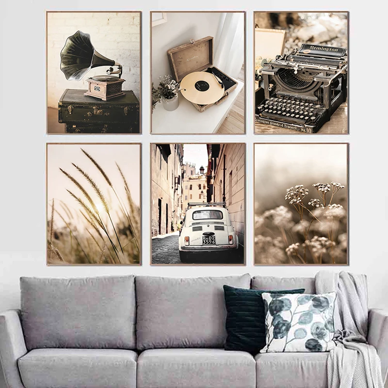 Vintage Camera Record Player Bicycle Typewriter Nordic Car Canvas Painting Poster and Prints Wall Art Picture for Living Room