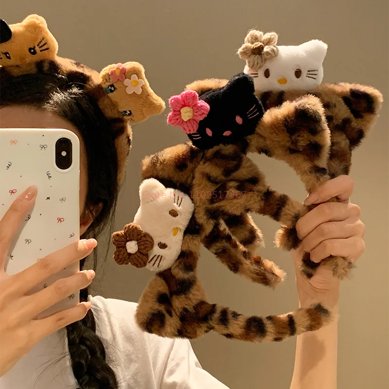 Новинка 2024 милая стильная повязка на голову Hello Kitty черная кожаная с леопардовым