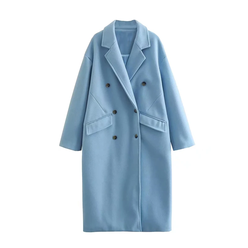 

Женское двубортное шерстяное пальто, свободное синее пальто в стиле ретро с отложным воротником и длинными рукавами, Осень-зима 2022