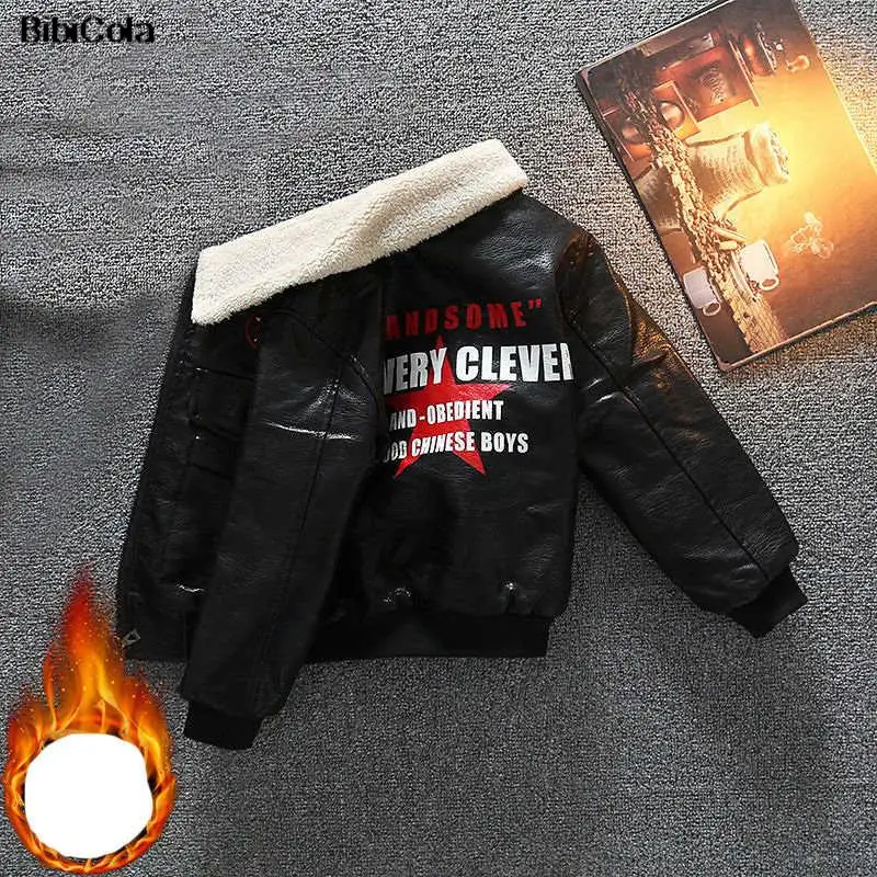 Boys' winter clothing plus velvet jacket 2022 new boy baby foreign leather jacket children's autumn and winter leather jacket