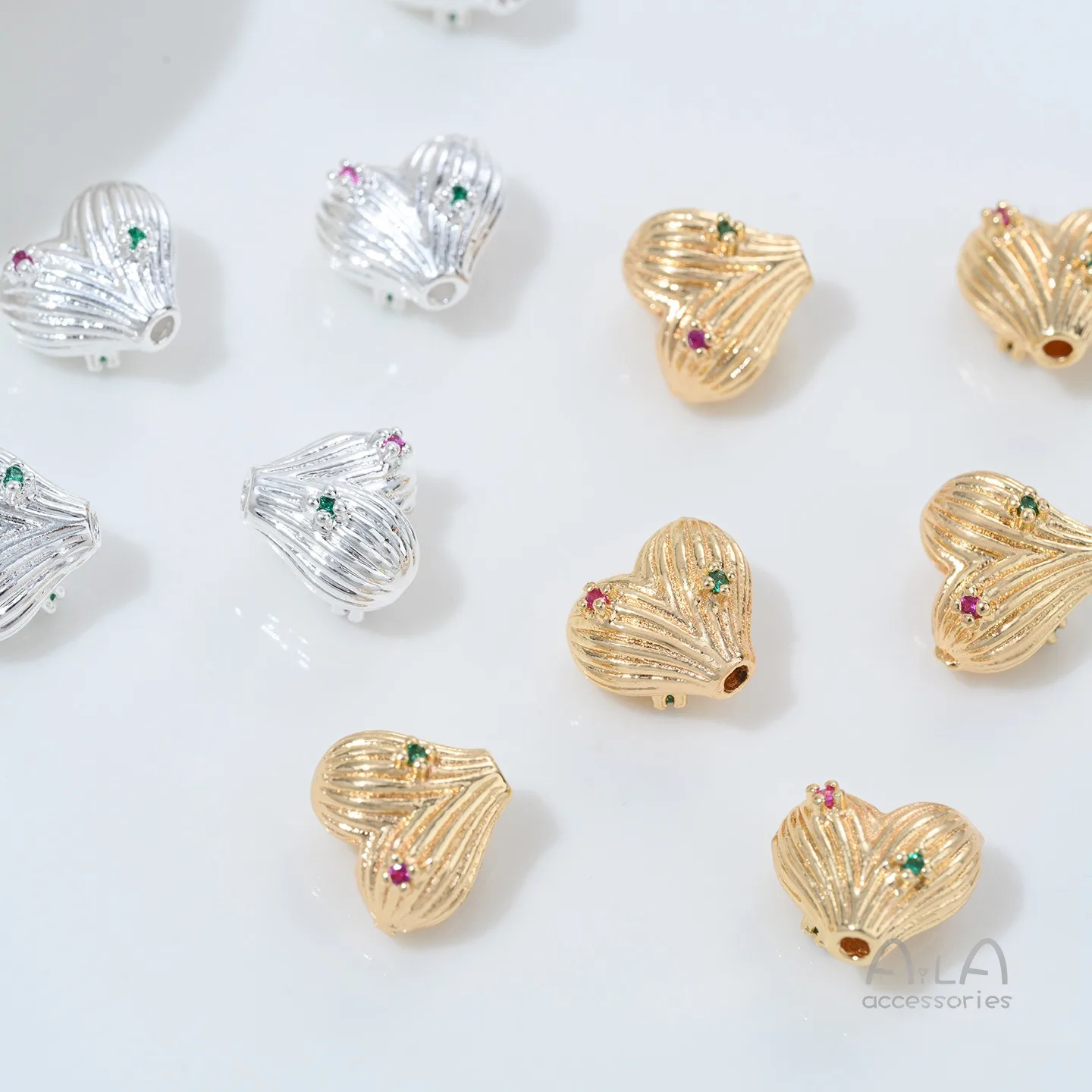 Фото Посеребренные бусины-сердечки с цирконами под золото 14K, разделители для бусин, полосатые, персикового цвета, для рукоделия, материалы для изготовления украшений №5