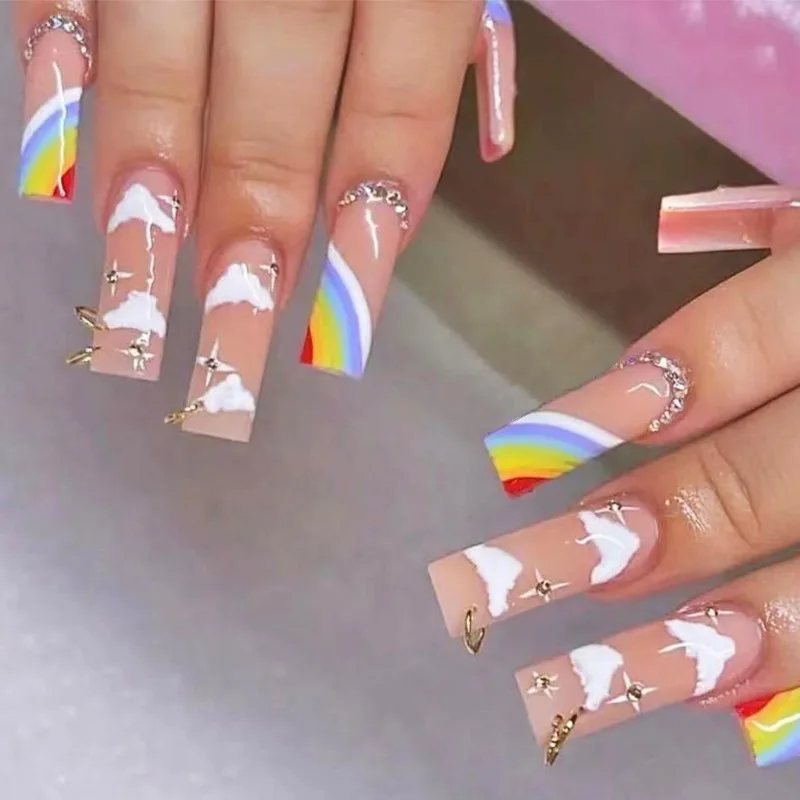 

24pcs/box Long Ballerina rainbow fake nail with glue wearable clouds Rhinestone Design false nail acrylic press on nail set