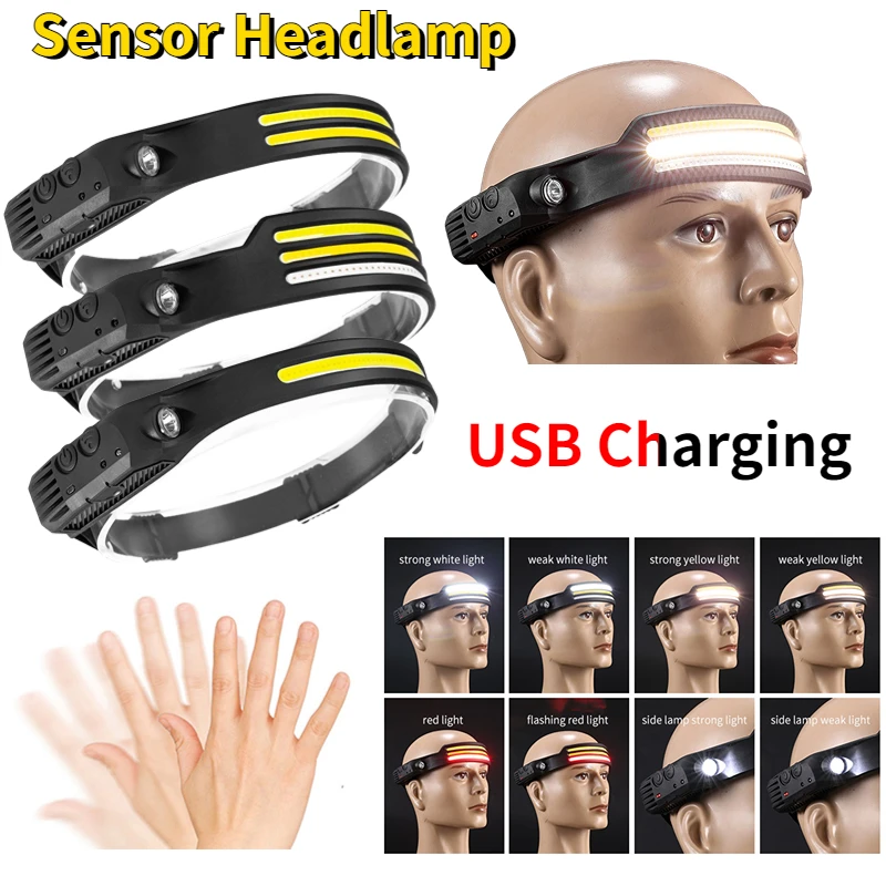 

Многофункциональный налобный фонарь с датчиком, COB Светодиодный фонарь, уличный Рабочий фонарь, фонарь с USB-зарядкой, водонепроницаемый Гол...