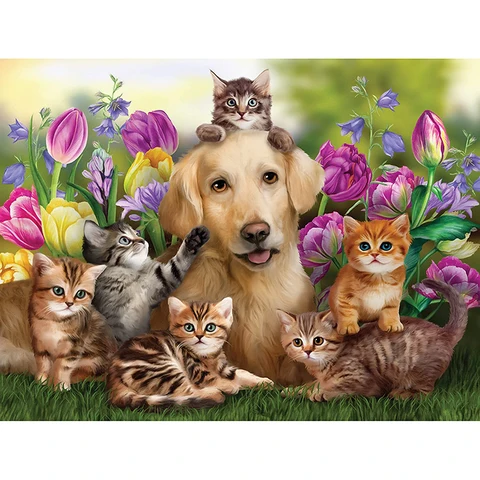Алмазная живопись «сделай сам», картина с животными, кошками и собаками, круглая Алмазная вышивка 5D, мозаика с цветами, наборы для вышивки крестиком, домашний декор