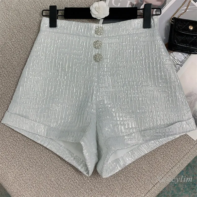 2023 Summer Rhinestone Buttons Shorts Women New Sexy Hot Girl Trendy Wide-Leg High Waist Casual Floating Pattern Flanging Shorts