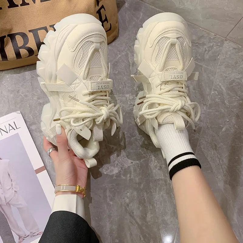 Top Layer Cowhide Platform Popular Dad Shoes Women's 2023 Spring and Autumn New Height Increasing Sports Muffin Running