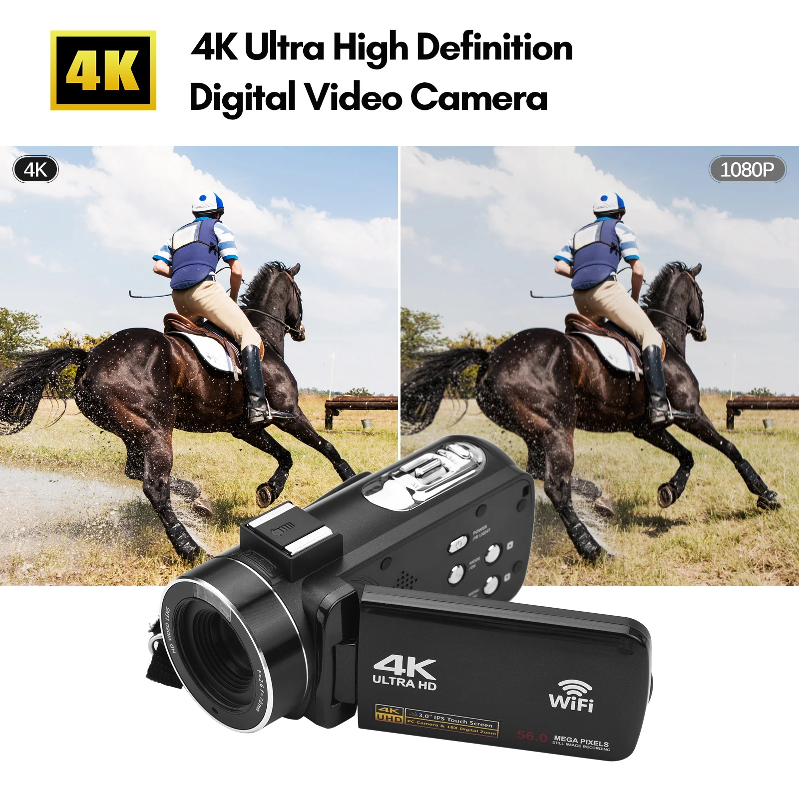 

4K Ultra-HD Digital Video Camera Professional 18X Zoom WiFi Camcorder 56MP Touchscreen Face Detection IR Night Vision Anti-shake