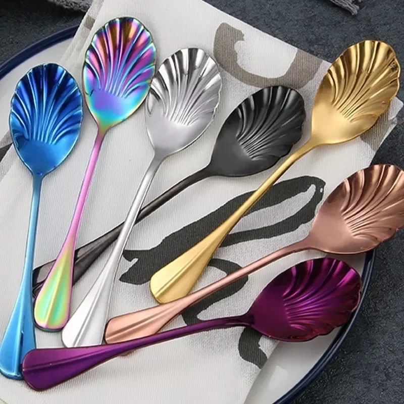 

2022New Shell Shape Stainless Steel Spoon With Long Handle Restaurant Dessert Spoon Ice Cream Scoops Kitchen Accessories