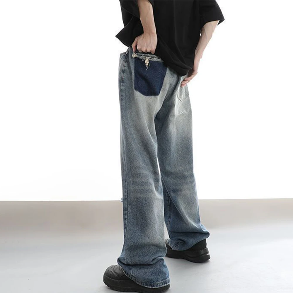 Summer New Elastic Waist Ripped Jeans Men's American High Street Y2K Straight Hiphop Loose Wide-leg Pants Gradient Trousers