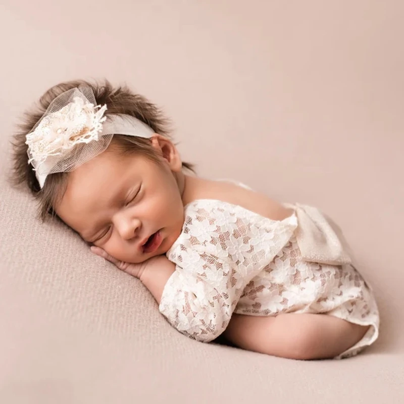 Newborn Photography Outfit Props  0-6m  Acrylic Triangle Romper Long Sleeve Bodysuit Bowknot Lace Clothes Hair Band White