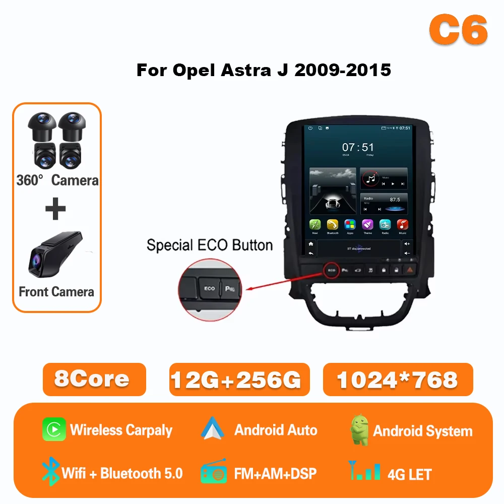 

Android 15 9,7-дюймовый автомобильный радиоприемник для Opel Astra J Vauxhall Buick Verano 2009-2015 Мультимедийный плеер Carplay Навигация GPS 4G