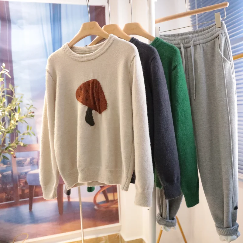 

Contrast Color Mushroom Fashion Knitted Sweater Round Neck Pullover Top Korean Version Loose Casual All-match Bottoming Sweater