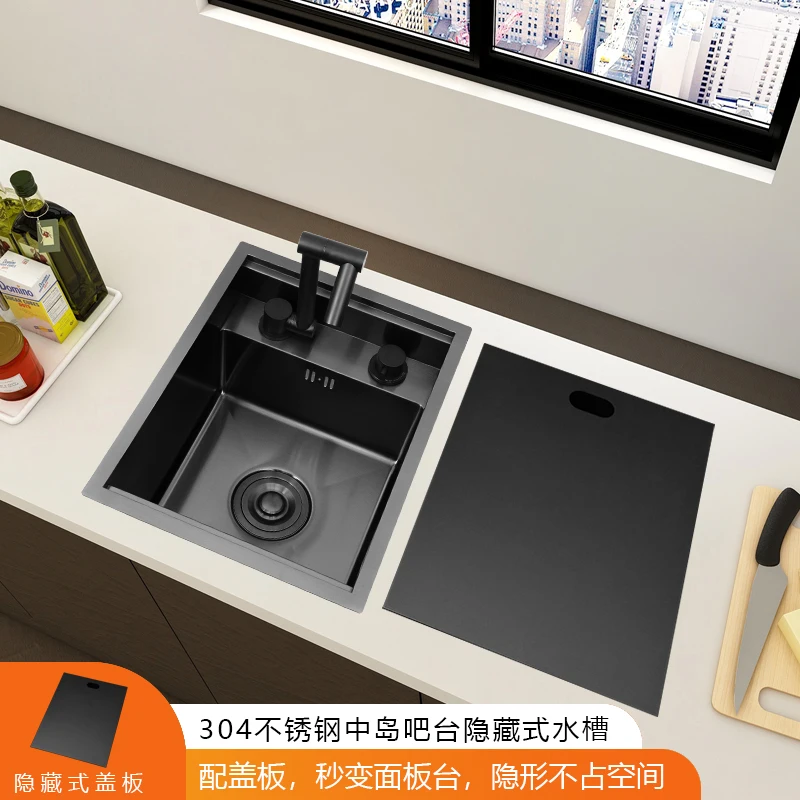 

Black Nano-hidden Invisible Middle Island Table Bar Sink with Cover Plate Small Single Trough 304 Stainless Steel Kitchen Basin