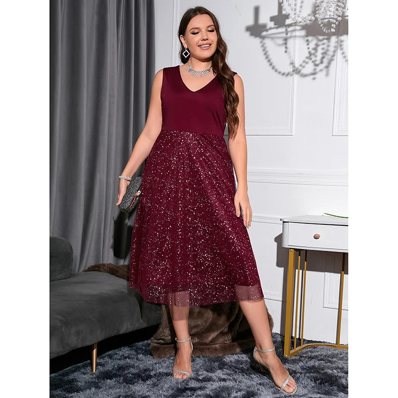 

Plus Size Women's Dress New Summer Intellectual Large Dress V-neck Temperament Slim Wave Point High-end Casual Female Clothes