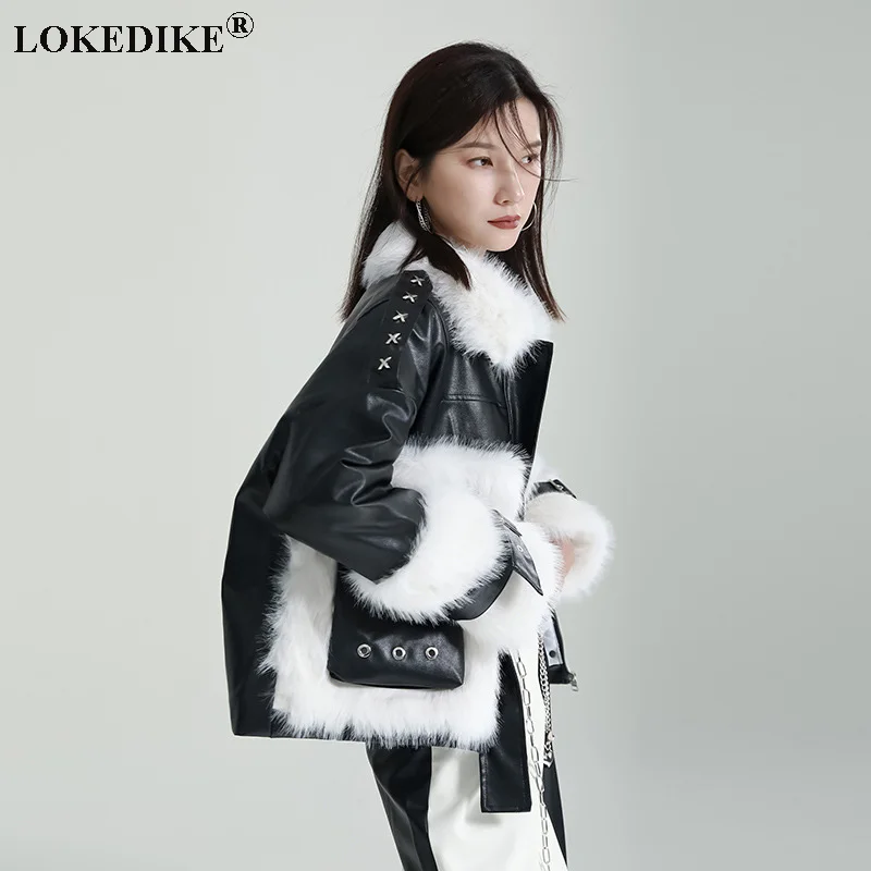 

PU Leather Women Winter Parkas Large Pockets Faux Fur Collar Cotton Coat 2023 New European Style Fashion Biker Jackets Outerwear