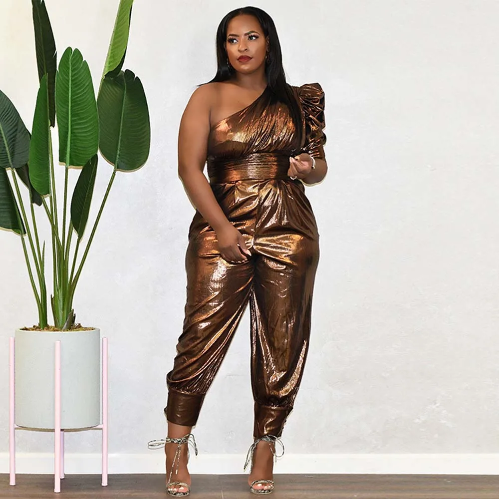 

Big Beautiful Women Jumpsuit Female Summer Commute Rompers Loose Overalls One-Shoulder Puff Sleeves Women Plus Size Jumpsuits
