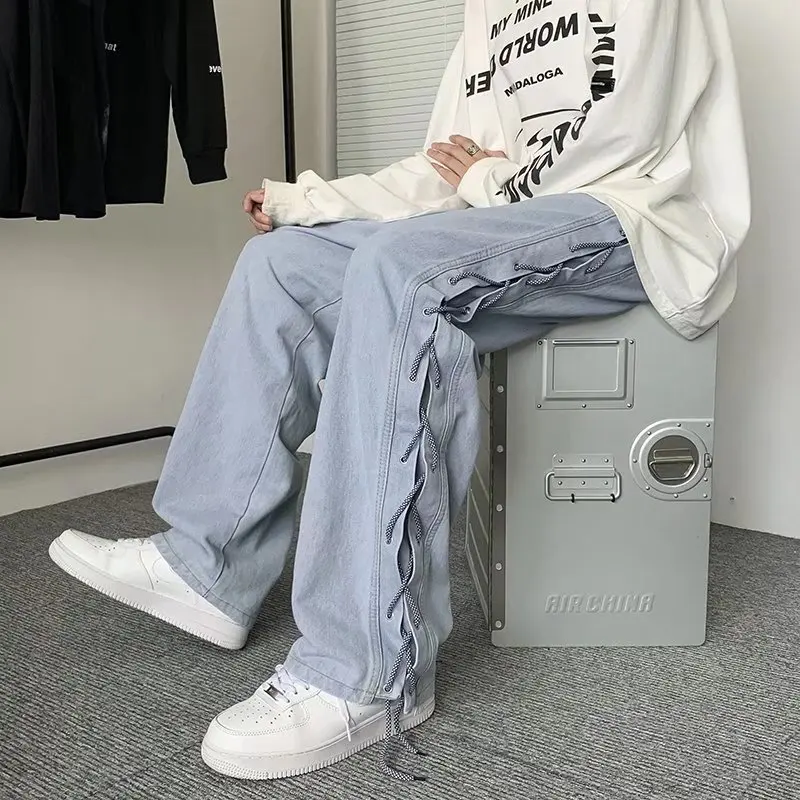 Cross-strap Pants Men's Spring and Autumn High Street Ins Tide Brand Ruffian Handsome Overalls Fried Street Denim Trousers