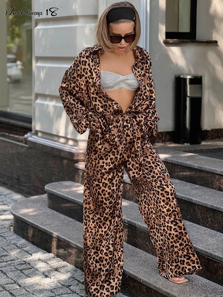 

Mnealways18 Leopard Street Pants Suits Women Oversize Printing Shirts And Wide Legs Pants Ladies Casual Sets Autumn 2023 Chic