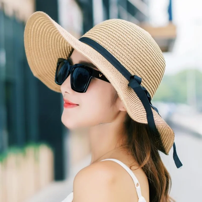 

2023 New Simple Foldable Wide Brim Floppy Girls Straw Hat Sun Hat Beach Women Summer Hat UV Protect Travel Cap Lady Cap Female