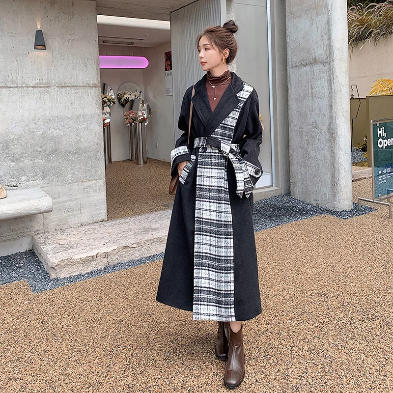 

Winter Woolen Jacket Female Lattice Stitching Fashion Thickened Black Ladies Cloak Long Loose Casual High-quality Women's Coat