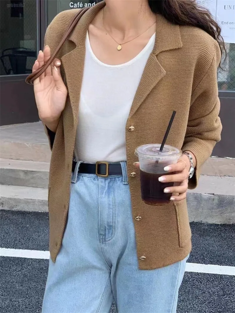 Осень-зима 2024 новый вязаный жакет-кардиган костюмный воротник однобортный