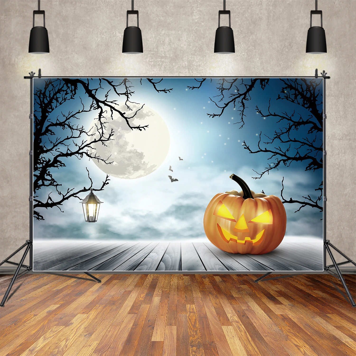 

MOON.QG Backdrop Halloween Silver White Moon Light Pumpkin Lamp Background Party Photo Booth Wall Wood Plank Bat Branch Props