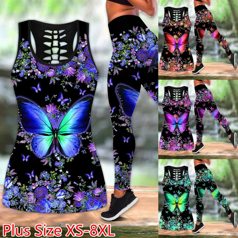 3D Butterfly Printed Yoga Suit Women Sexy Psychedelic Hollow Tanktop Vest Girls Fashion Tank Tops Clothes Pencil Pants