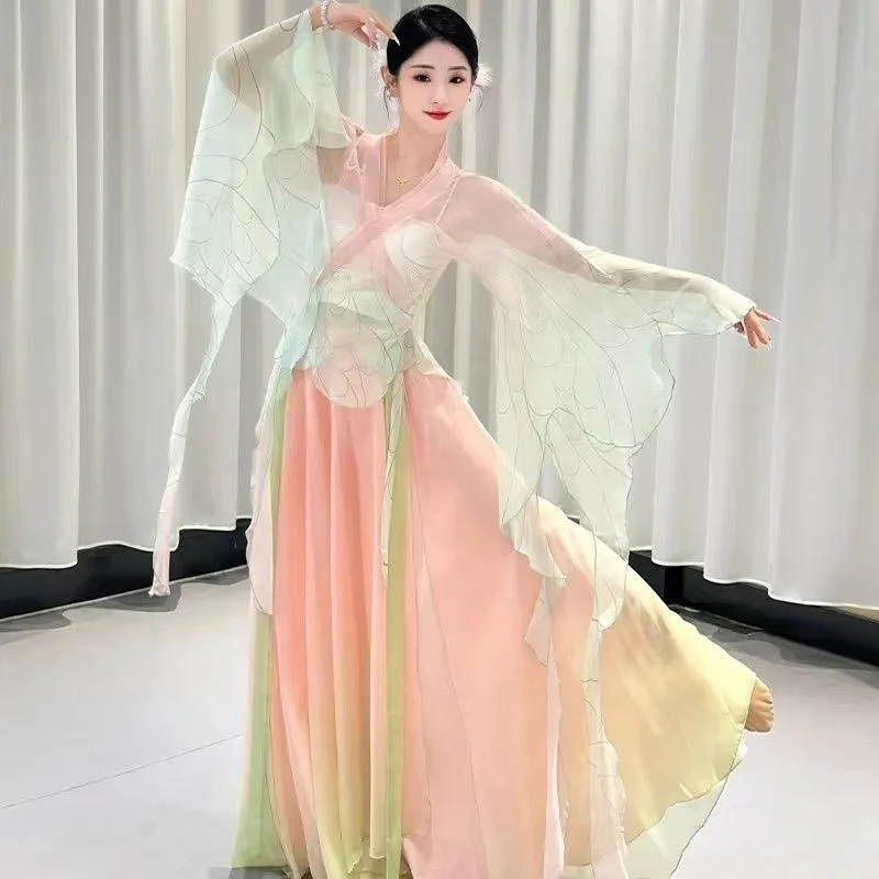 Classical dance butterfly gradient body rhythm yarn dress suit fairy elegant ancient style performance costume